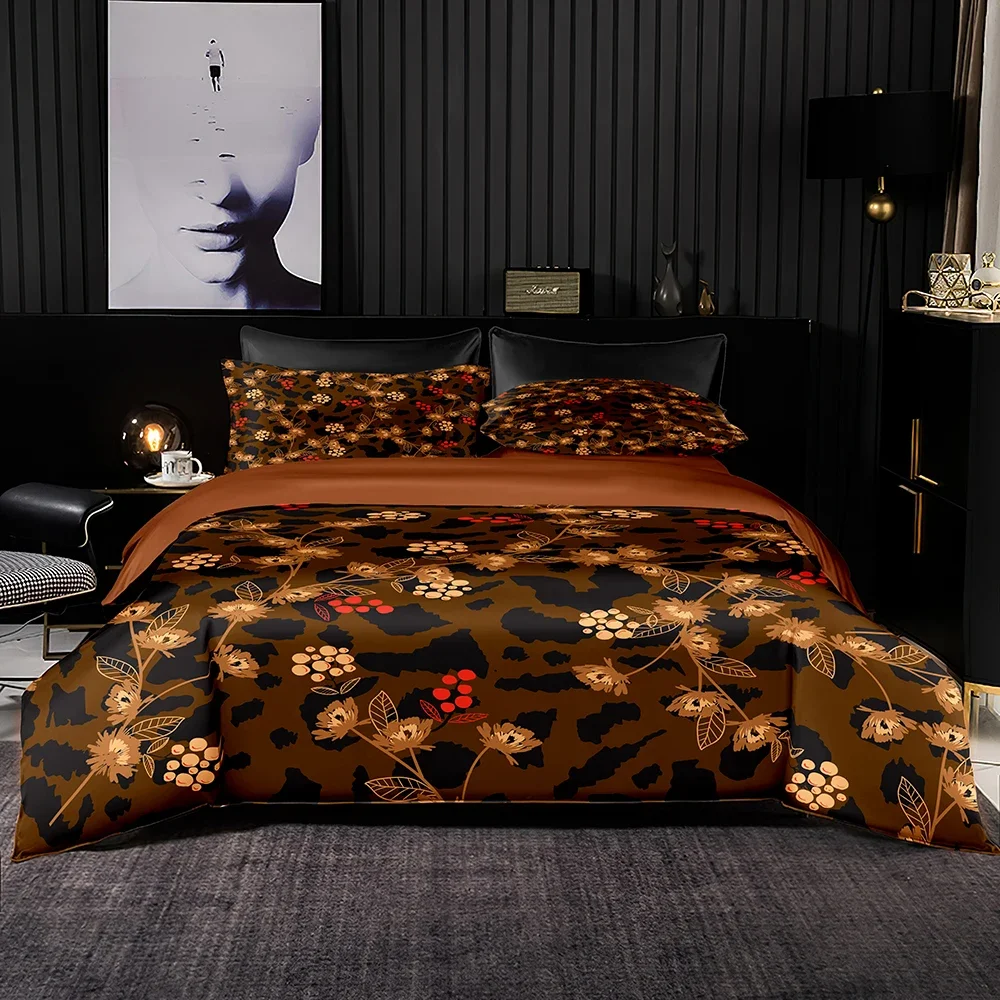 Recommend Bedding Set Brown Home Textile Cover Pillowcase Large Leaf Print Duvet Cover Queen King Size Bed Cover 2/3pcs 220x240