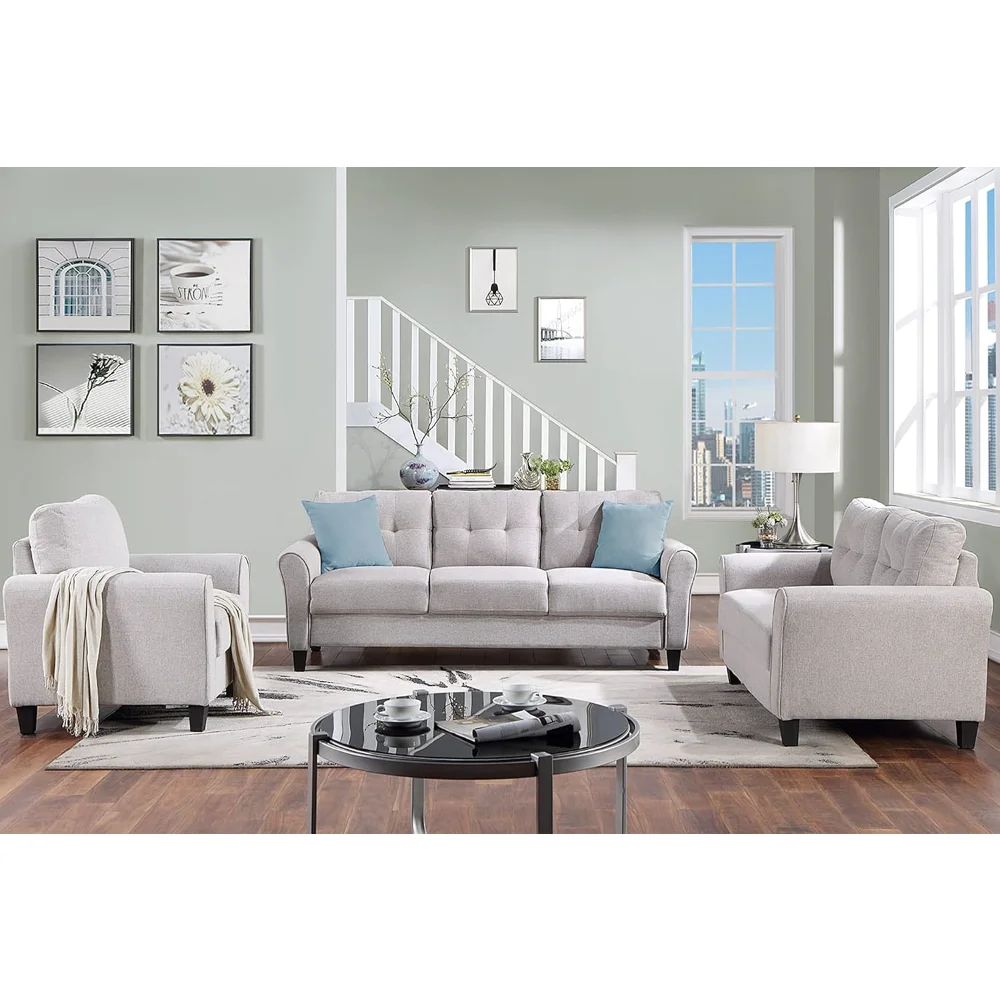 

3-Piece Living Room Sectional Sofa Set, Modern Style Button Tufted Linen Upholstered Armchair Loveseat Sofa and ThreeSeat Sofa