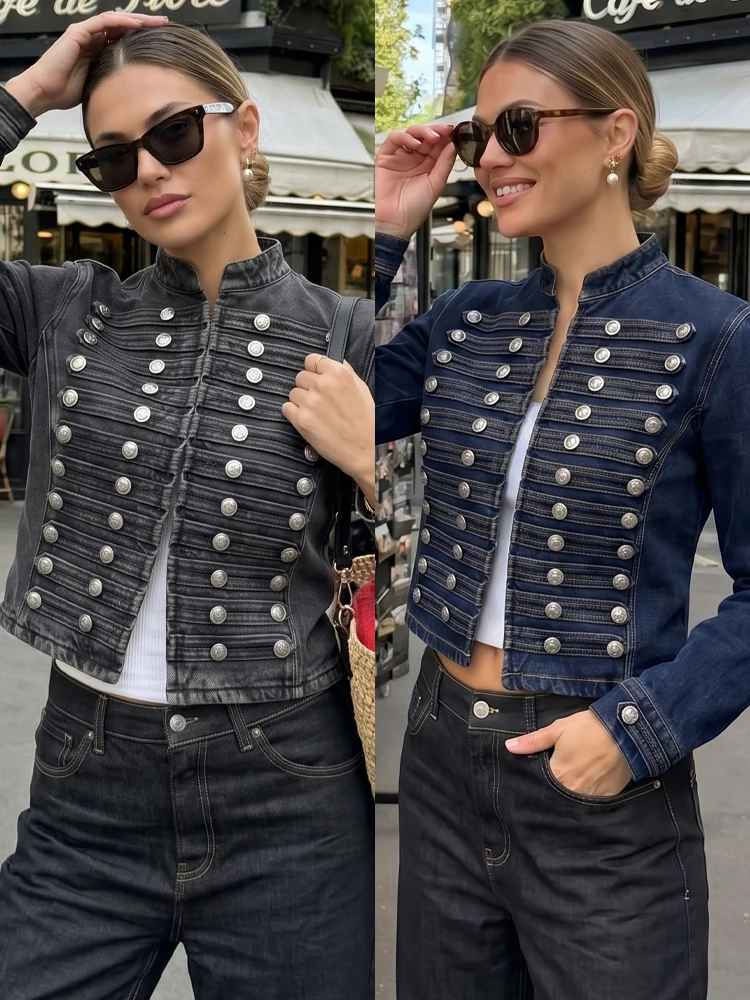 HH Damen Elegante Kurze Jeansjacke Mode Vintage Langarm Doppelreihiger Stehkragen Mantel Neue Herbst Tägliche Party Oberbekleidung