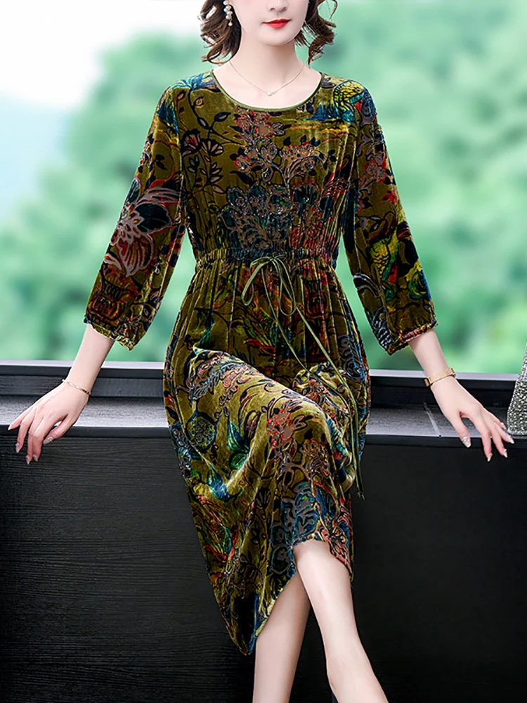 Fashion Floral Silk Velvet Female's Dress Autumn Winter Long Sleeve Loose Casual Vestidos 2025 Korean Vintage Elegant Prom Dress