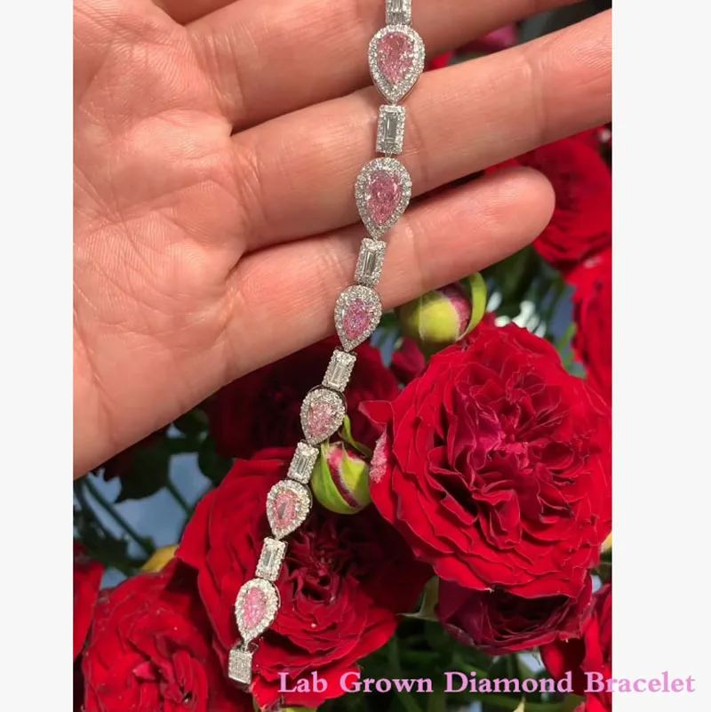 8Ct DEF/VS VVS Pear Cut Fany Pink Diamond And Emerald Cut & Round Cut 14K Gold Lab Grown Diamond Tennis Bracelet For Womens