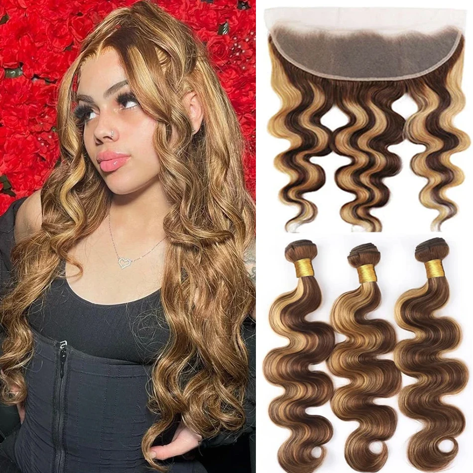 

Highlight 13x4 Frontal With Bundles Human Hair Extensions With Transparent Lace Frontal P4/27 Ombre Honey Blonde Body Wave Weave