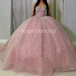 Angelsbridep różowa brokatowa tiulowa suknia balowa z cekinami sukienka na Quinceanera paski Spaghetti sukienki imprezowe Vestidos 15 Años Quinceañera