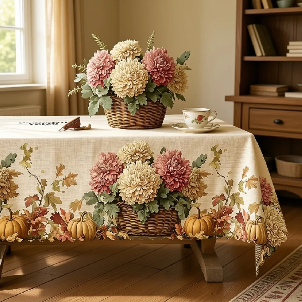Autumn Floral Tablecloth with Roses & Hydrangeas for Indoor/Outdoor Camping decor, Rectangular/Round/Oval