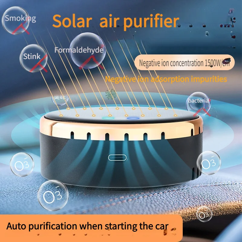 Solar powered car air purifier for deodorization and purification of cigarette smoke odor