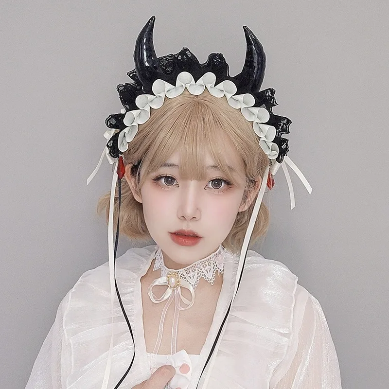 Demon Horn Dark Devil Gothic Dead Hair Lolita Multi-layer Lace Woman Headdress Halloween Black White Sister Hairband