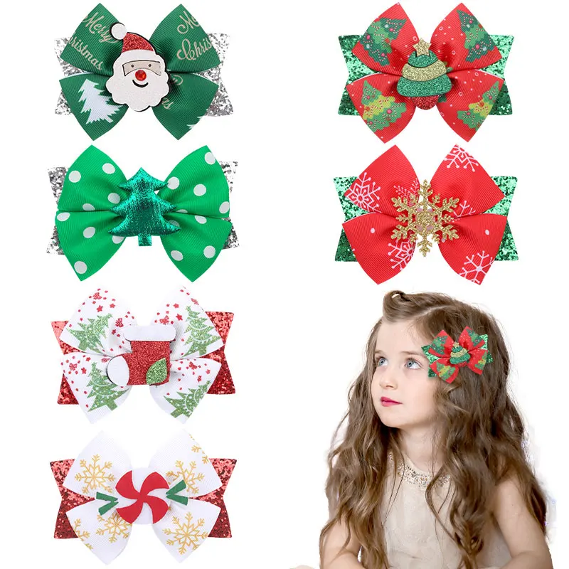 

Christmas Hair Bows Clips Sparkly Santa Claus Xmas Socks Hairpins Headwear Christmas Tree Printing Ribbon Hair Clip For Girls