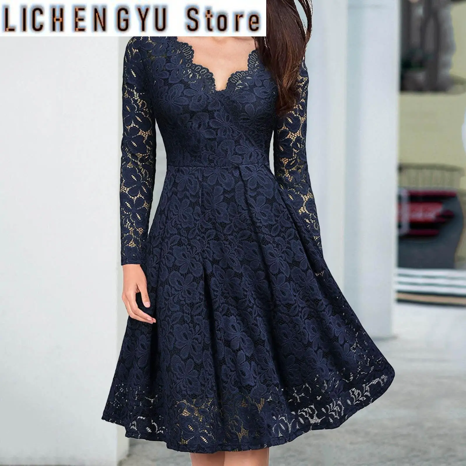 

Long Sleeves Slim Knee Length Dress Solid V Neck Lace Dress Evening Party Dress Ladies Birthday Night Club Outfits Vestidos