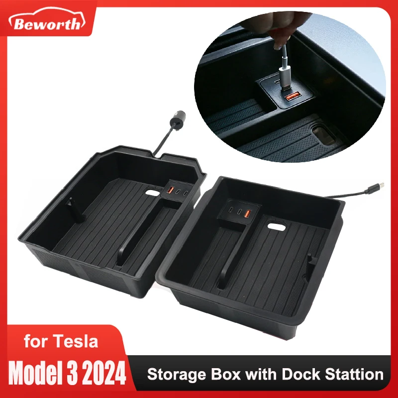 For Tesla Model 3 Highland 2024 Center Console Armrest Storage Box Charging Hub USB Type-C Expansion Dock Station Glasses Holder