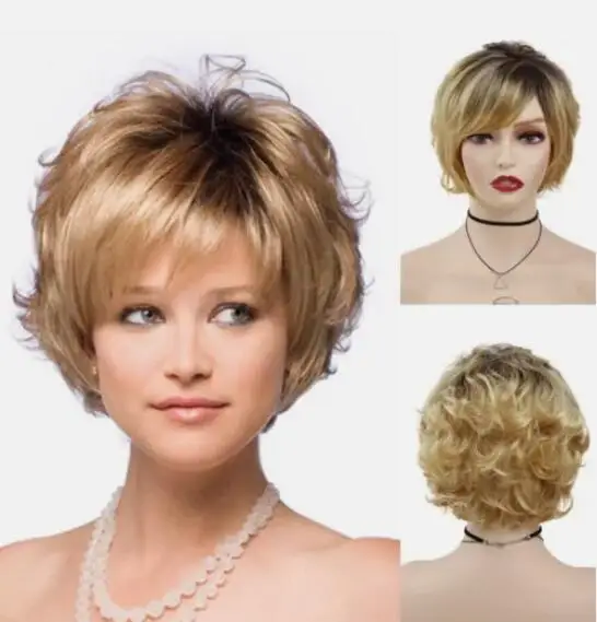 Women Natural Golden Blonde Curly Wig Party Ombre Short Wavy Cosplay Hair Wigs