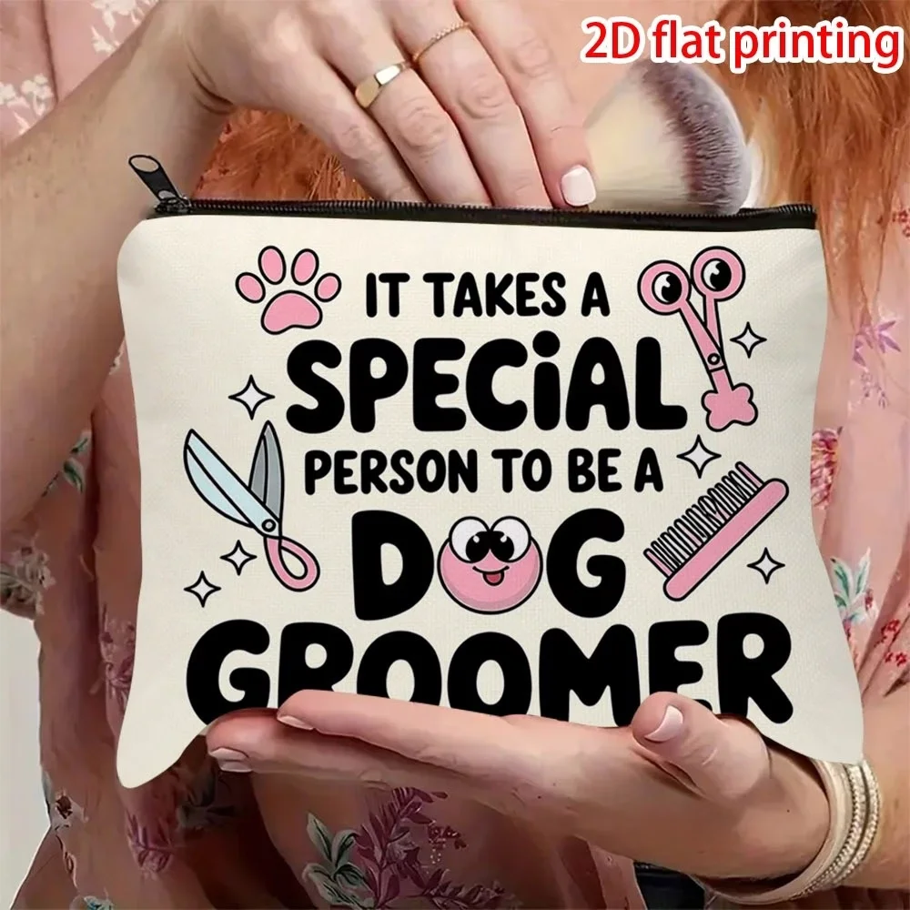 1Pc 2D Cute Dog Groomer Print Makeup Bag, Zipper Pouch with Paw Scissors Comb Details, Durable Gift for Pet Lovers Travel Daily
