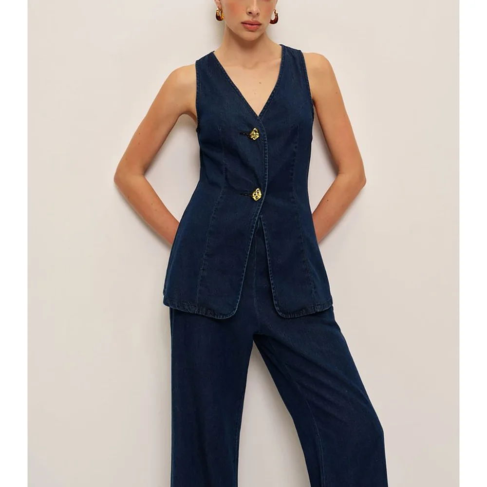 Fashion Denim Single Breasted V-Neck Suits 2 Pieces (Vest+Trousers) for Woman Office Lady Formal Party Sets Customized Clothing