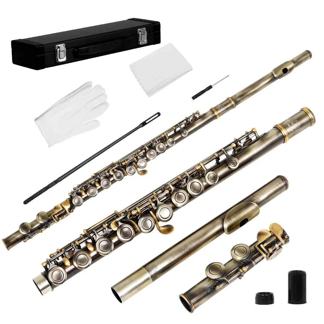 16‑Hole C Tone E‑Key Vintage Bronze White Copper Flute with Strap and Leather Case Woodwind Instrument