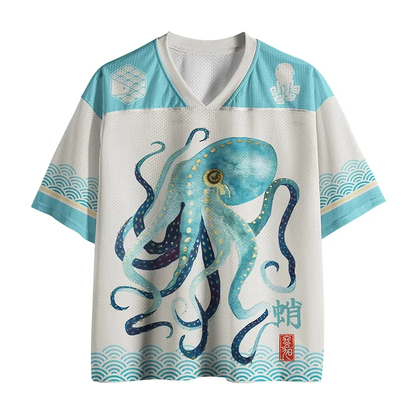 Unisex Quick Dry V Neck Sports Jersey, Japanese Wave Octopus Watercolor Print Hip Hop T-shirt Streetwear Loose Short Sleeve Tops