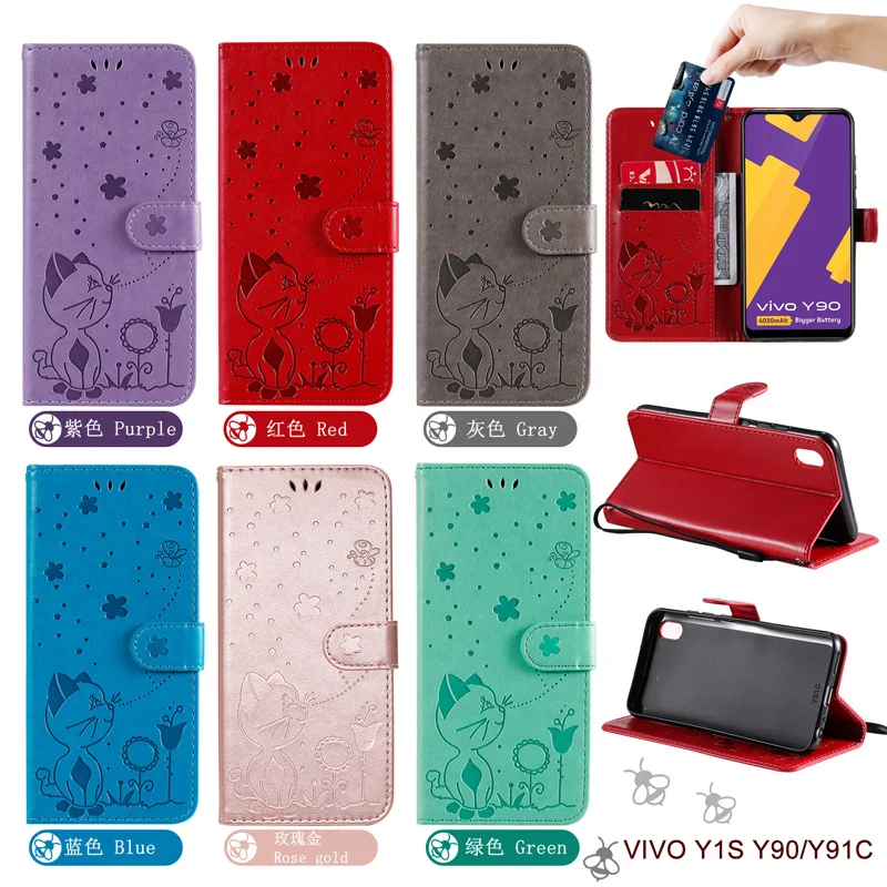 حافظة لهاتف VIVO Y1S Y90 Y91C غطاء هاتف من جلد البولي يوريثان قابل للطي