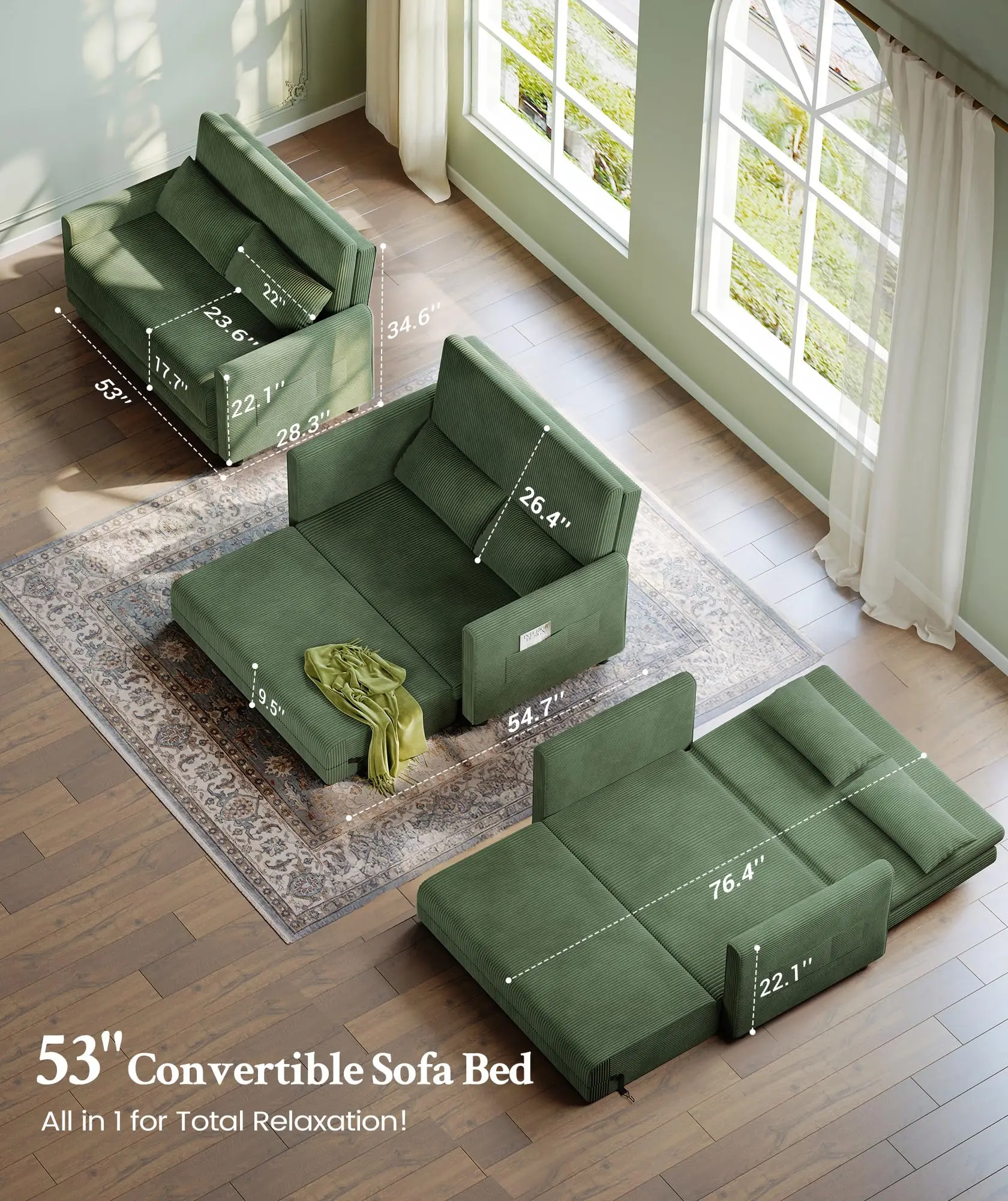 #￥Stackable Sofa Bed Corduroy Couch Bed 6-Position Adjustable Loveseat Love Seat Sleeper Sofa Bed for Living Room Apartment Home