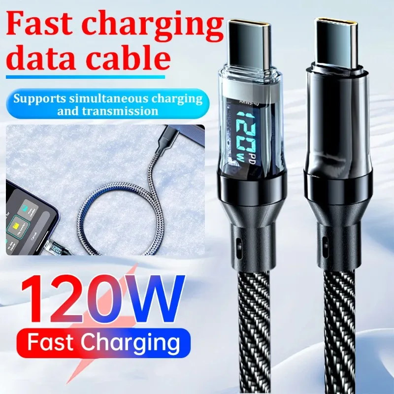 120W Ultra Fast Charging Data Cable Type-C LED Screen, Real-Time Power Digital Display For iPhone 15 Xiaomi Cables Data Cord