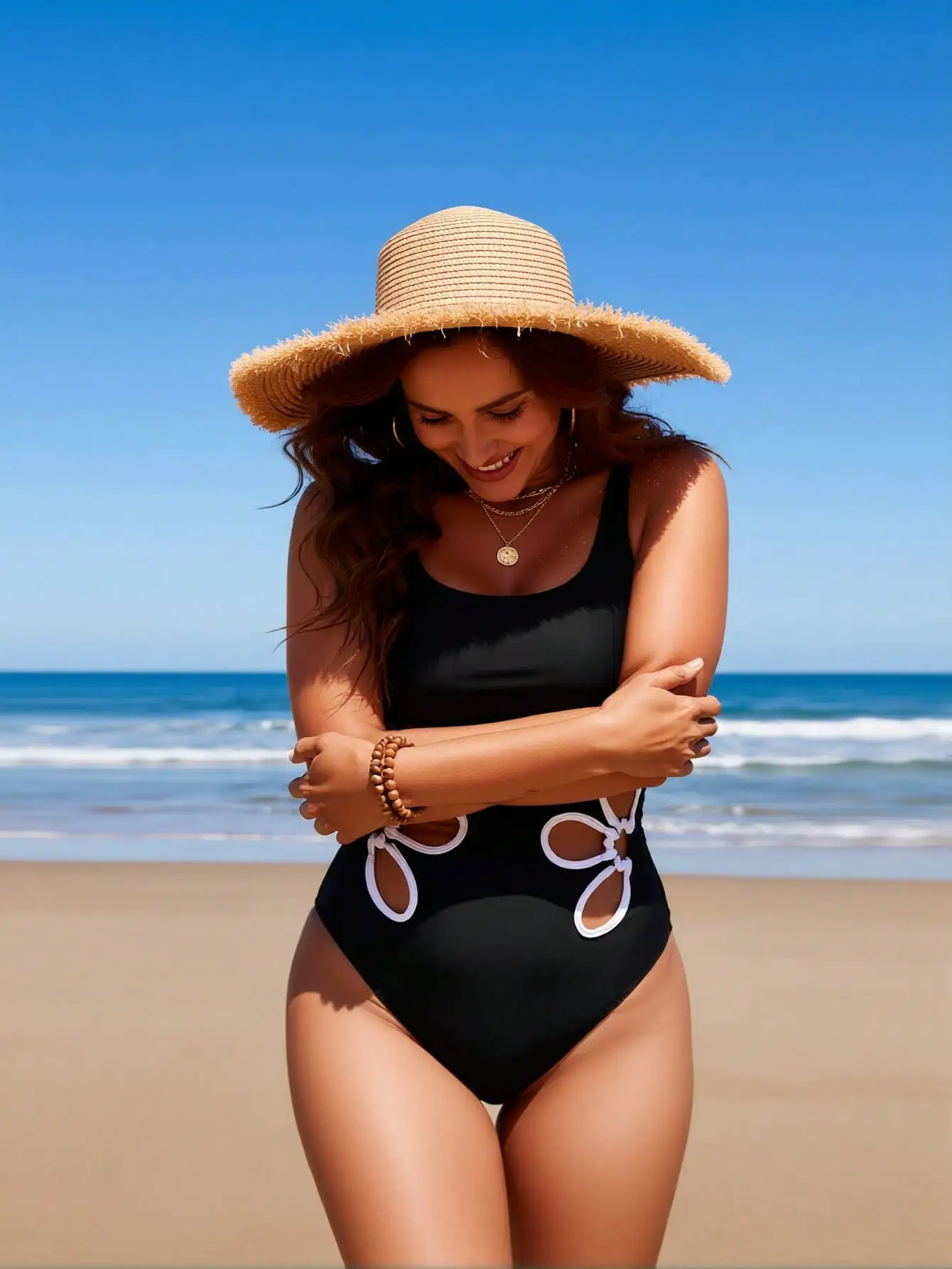 2026 New Women's One-Piece Swimsuit: Solid Black, White Floral Cutout Side Detail, Scoop Neck, High-Cut Leg, Chic Beach Style - view 2