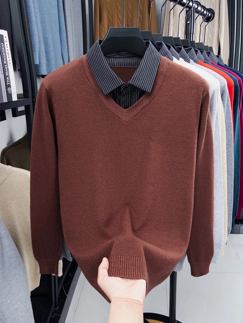 New autumn and winter fashion solid color pattern sweater casual shirt collar fake two-piece heart-shaped collar sweater