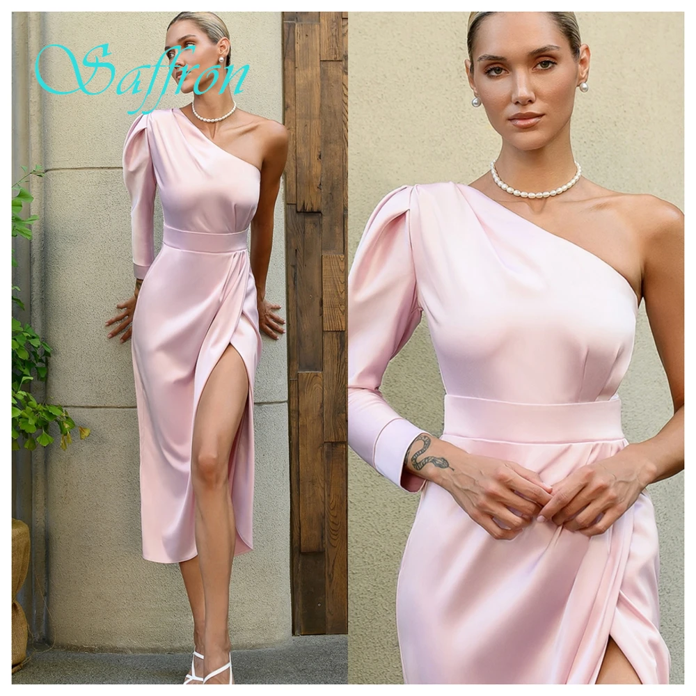 カスタマイズされたフロントスリット A ライン ワンショルダー イブニング ドレス サテン 長袖クラシックな特別な日のガウンソフトで豪華なプロム ドレス