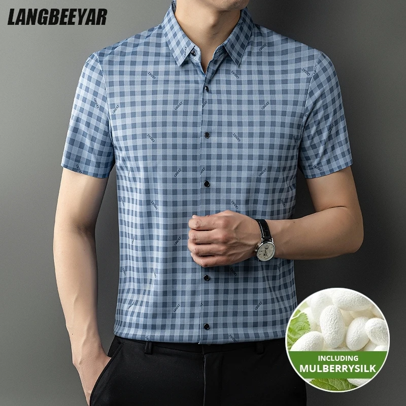 

Top Grade Mulberry Silk Anti-wrinkle New Summer Brand Slim Fit Shirt Checkered Short Sleeve Trendy Casual Fashion Men Clothes
