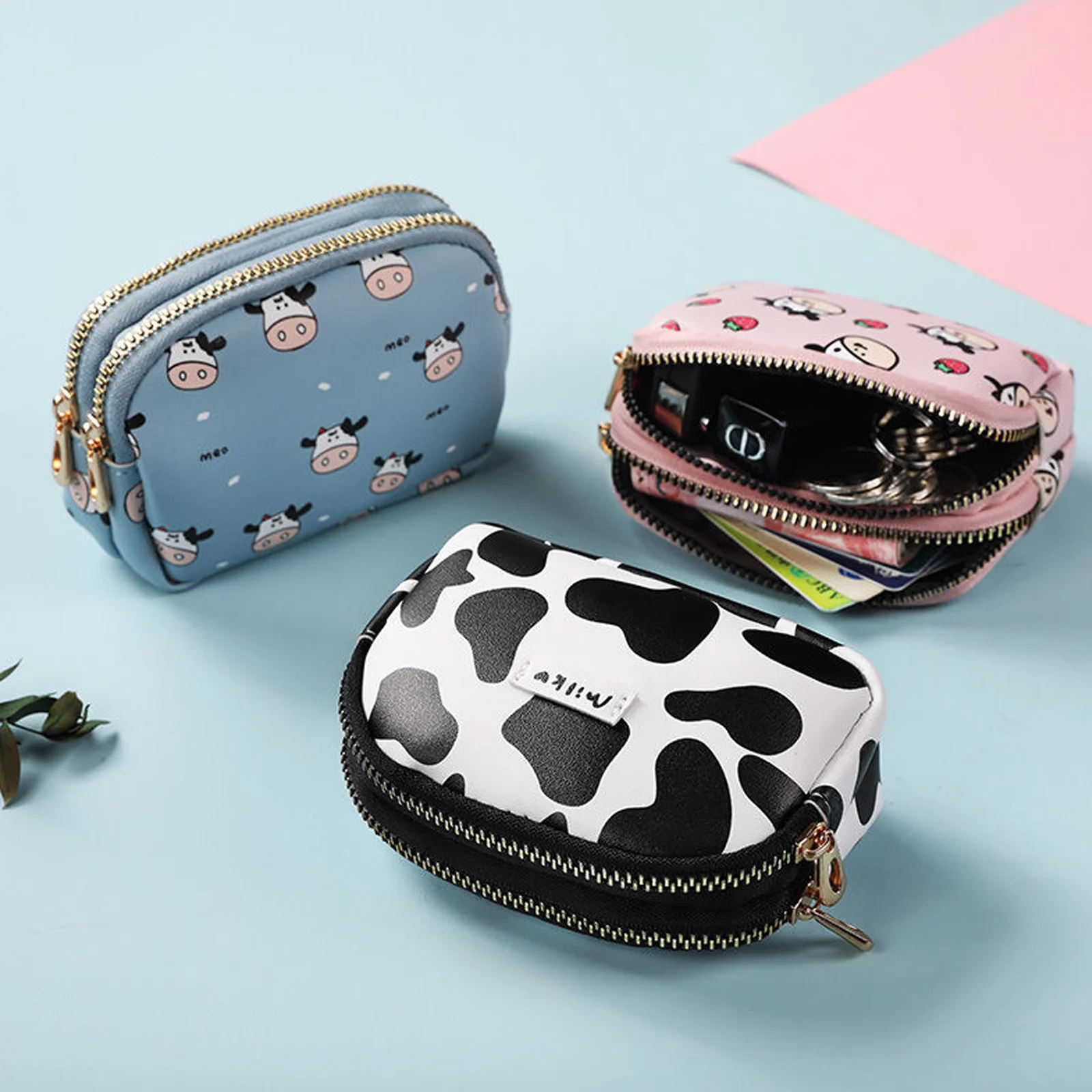 Cute Cow Pattern Coin Purse for Women Card Wallet Students Double Pocket Zipper Key Bag Portable Lipstick Bank Card Storage Bag