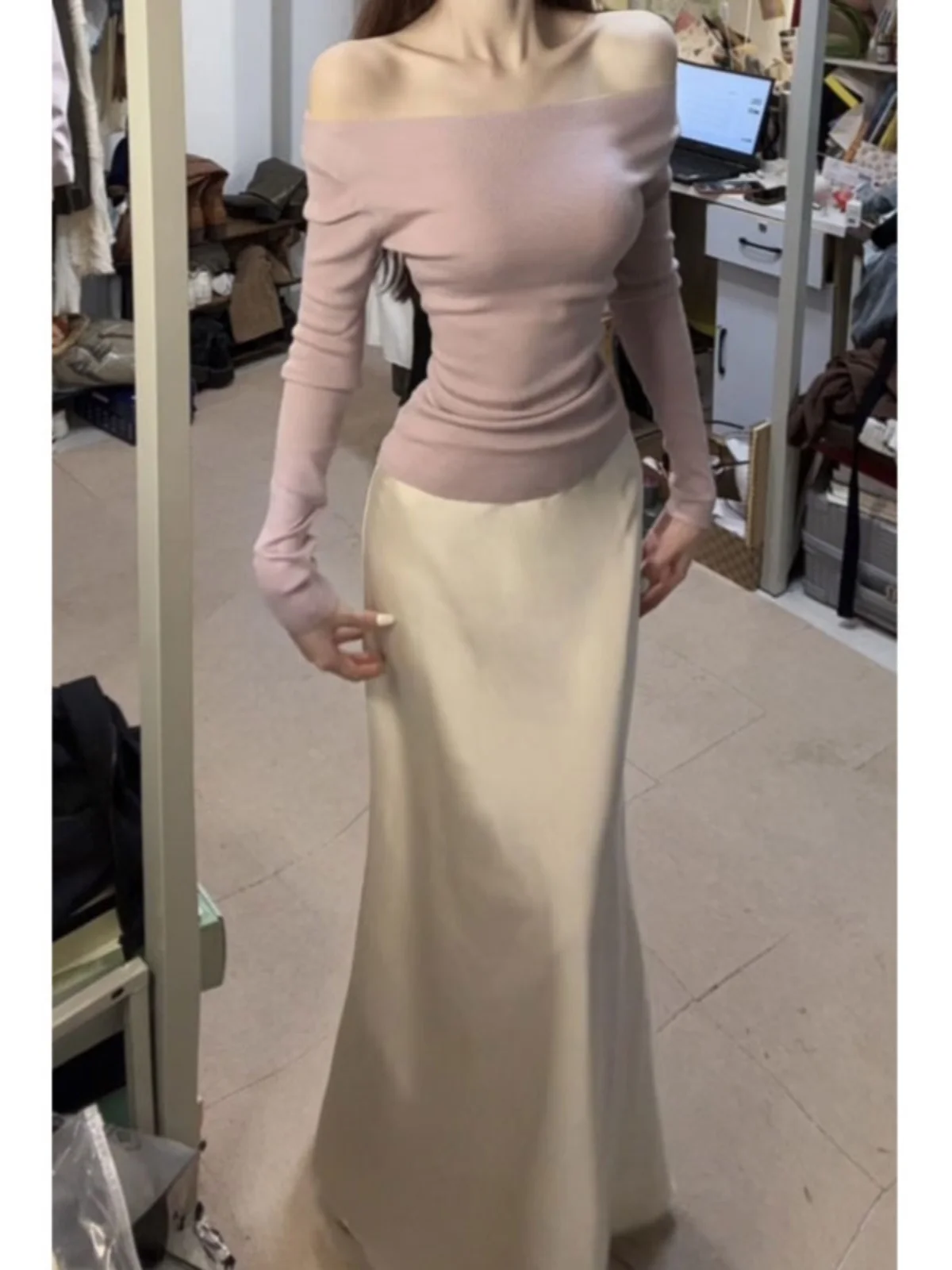 

Purple One-Shoulder Top And Skirt Set Women's Fashion Spring Autumn Comfortable Slim Fit Midi Skirt And Shirt Outfit