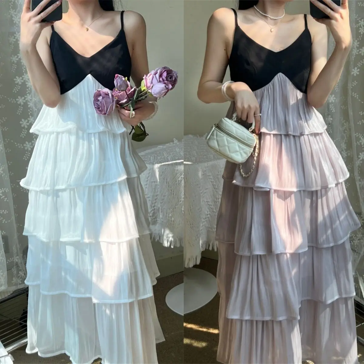 Summer Mermaid Ji Flowing Contrast Color Spliced Sling Ruffled Cake Skirt Women's Sweet V-neck High Waist Vacation Long Skirt