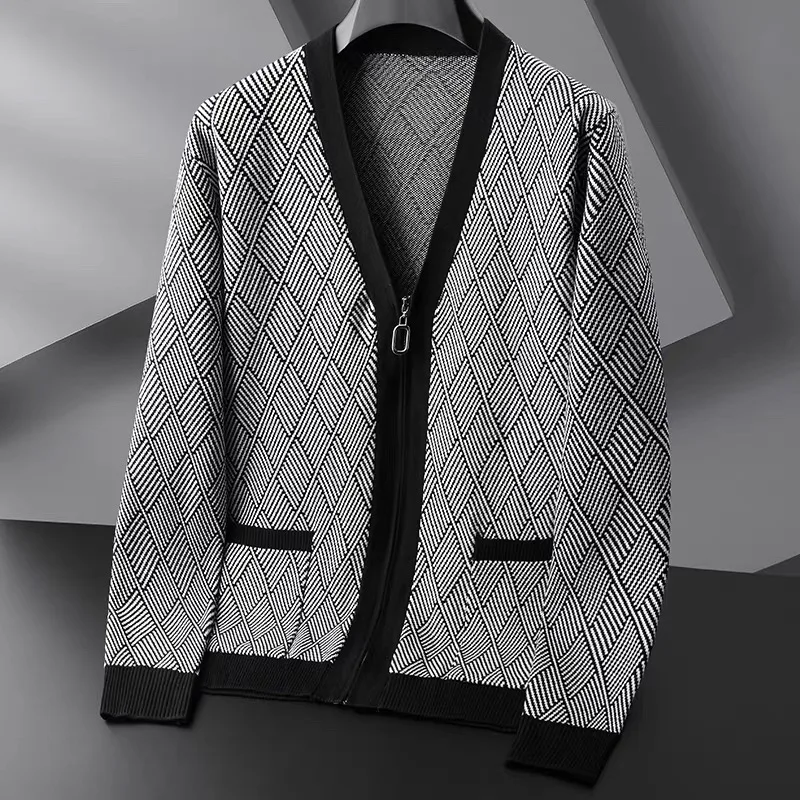 

Personality diamond grid jacquard knitted men's cardigan high-quality luxury soft comfort new fashion zipper V-neck sweater coat