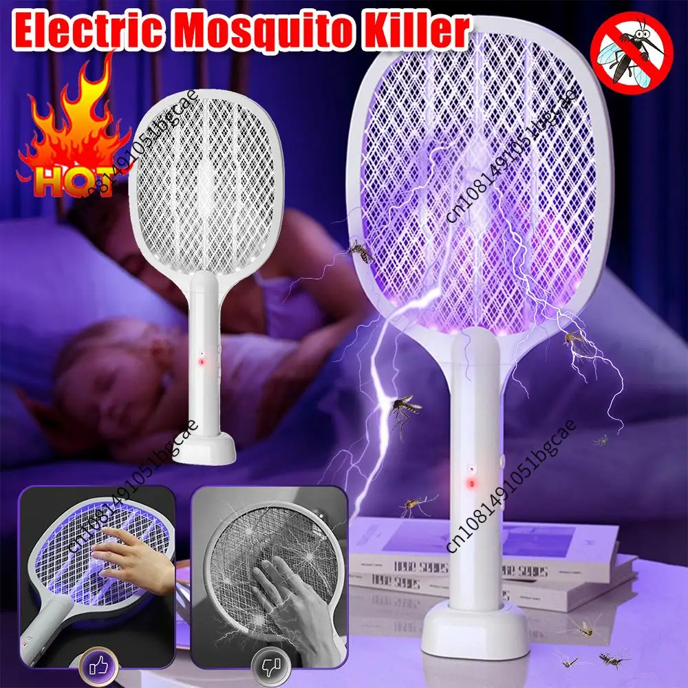 Rechargeable Electric Fly Swatter UV Lamp 2-in-1 Mosquito Killer Racket Portable Bug Zapper For Indoor Bedroom Use 3000V