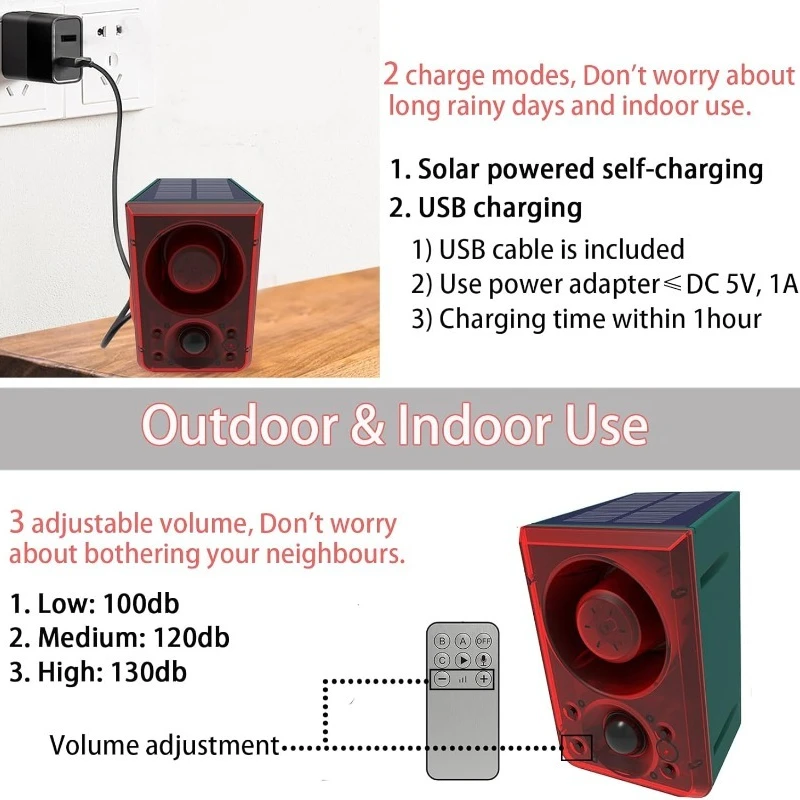 الطاقة الشمسية إنذار الحركة مصباح 130dB الكلب النباح بندقية إضاءة مقاومة للماء ضوء إحترافي عن بعد لحديقة مزرعة حظيرة الدجاج دعم تسجيل