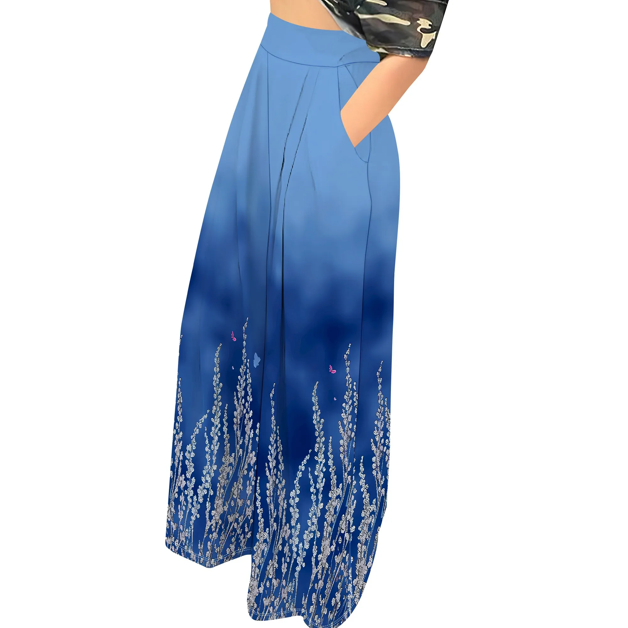 High Waist, Wide Leg Pants, Floral Print Bottoms, Gradient Blue Trousers, Pocket Casual Wear, Vacation Beach Outfit, S-2XL