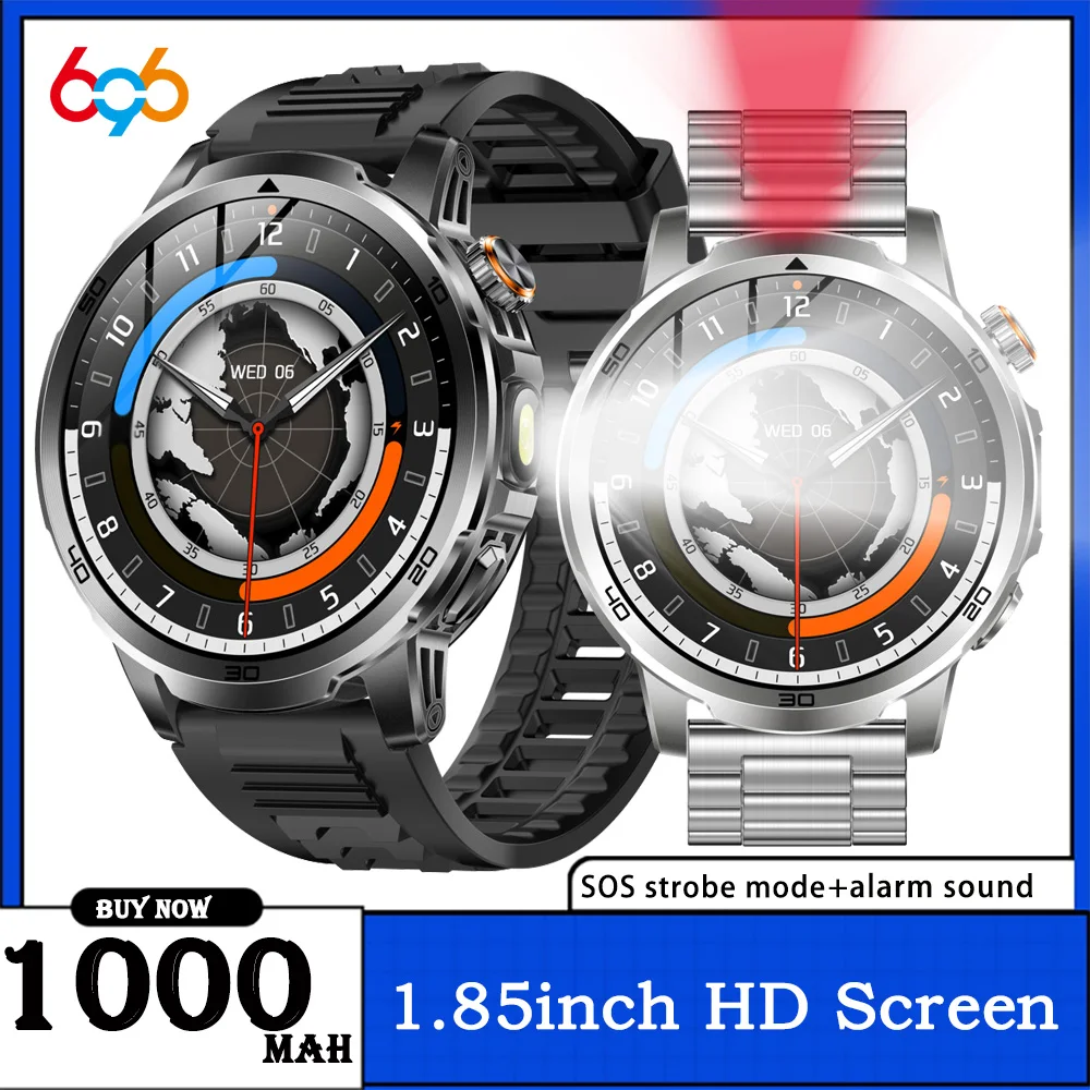 

1.85" Sports SOS Strobe Mode Alarm Sound Blue Tooth Call Smart Watch Flashlight Voice Assistant Waterproof Health Men Smartwatch