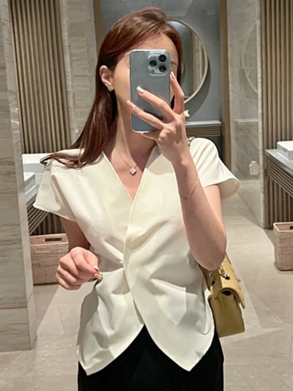 

Korean Sle V-Ne Tie Waist ort Sve irt Women's Ele High-End Feel Button up Top Faionable Commute Pure Color