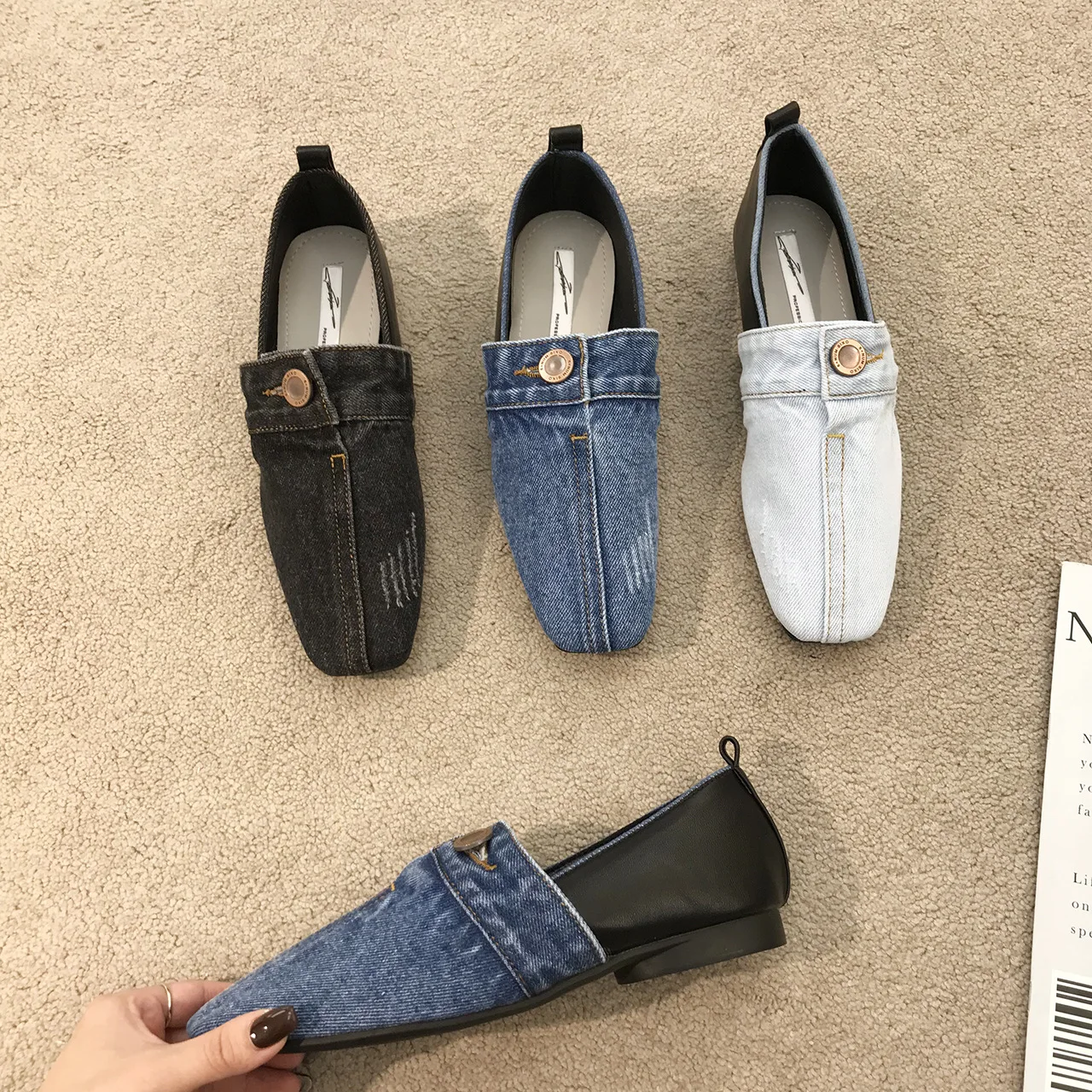 2023 New Women\'s Flat Square Single Shoes Office Ladies Niche Design Denim Flat Shoes Adult Girls French Bean Shoes Size 35-39