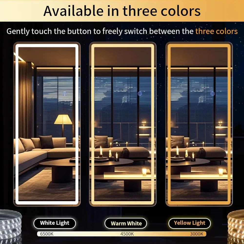 Lustro podłogowe z podświetleniem LED - Lustro stojące na całej długości 71x26 z regulacją jasności i 3 trybami kolorów - Montaż ścienny lub na stojaku