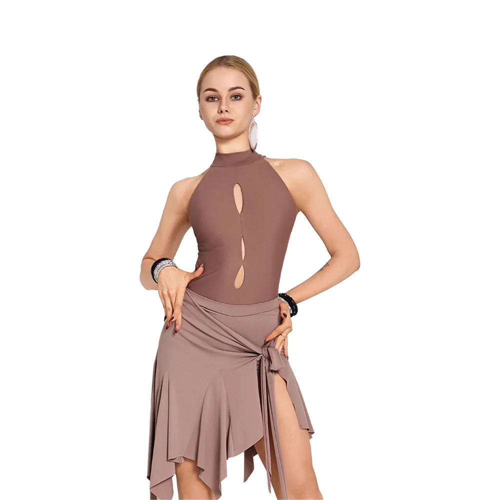 Latin danskostuum voor dames, volwassenen, kinderen, hoogwaardige uitgeholde hangende nek, split-halve rok, Samba-prestatiejurk