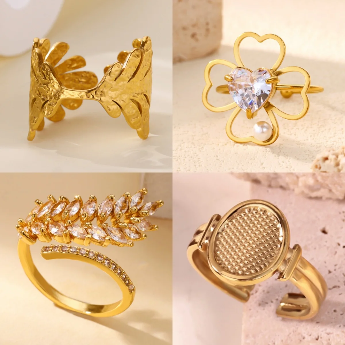 Creative Irregular-Shaped Leaf Women's Rings 18K Gold-Plated Openwork Four-Leaf Clover Jewelry Ring Gift