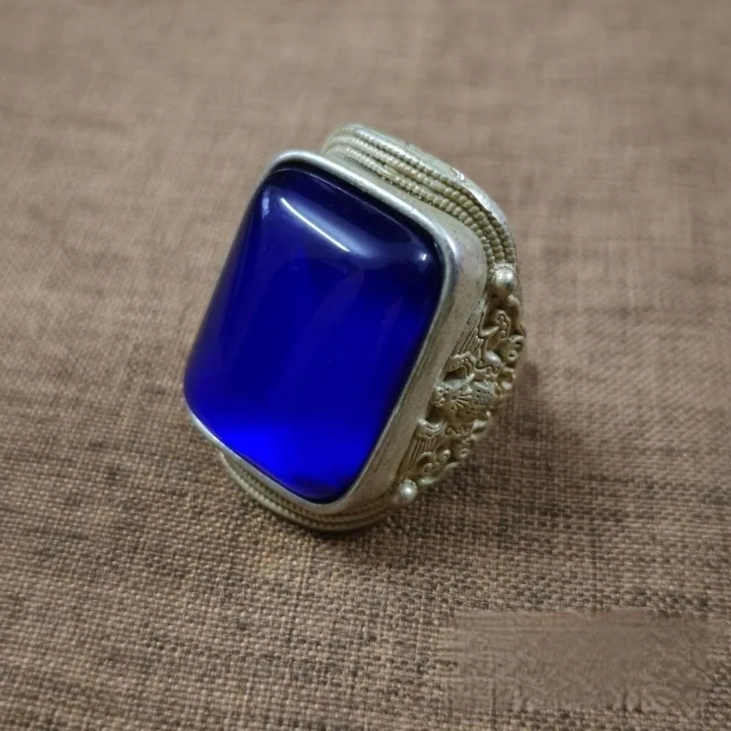 Vintage Collectible Old Silver Ring, Hand Inlaid Blue Gemstone Adjustable Open Band Antique‑Style Retro Finger Jewelry