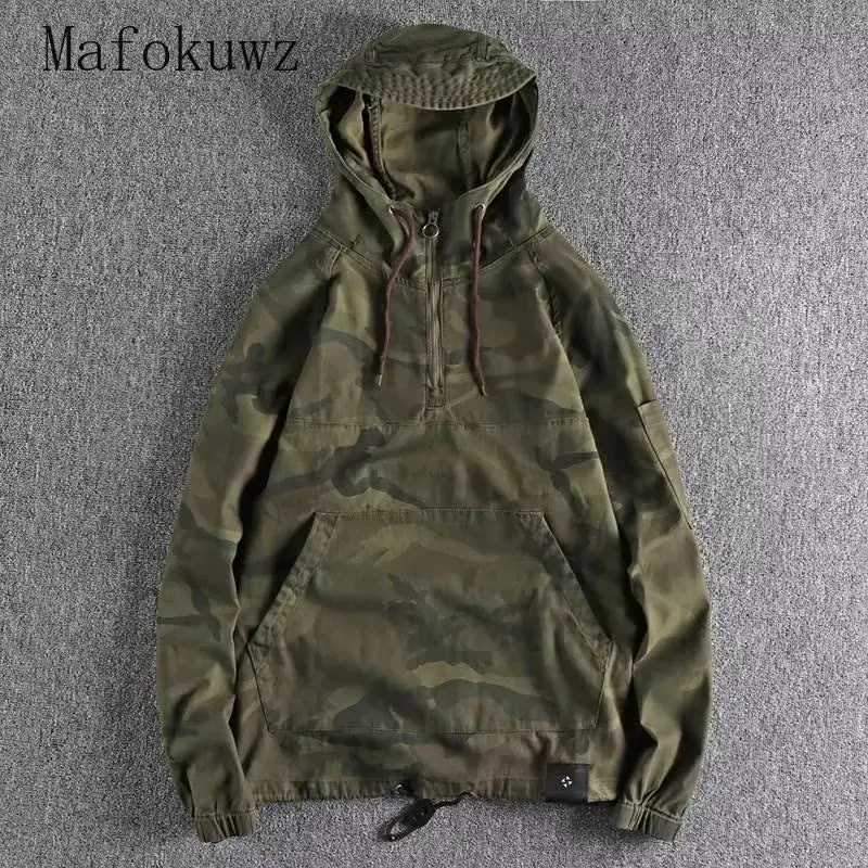 Spring Autumn Retro Hooded Zipper Multi-Pocket Workwear Camouflage Sweatshirt Men's Loose Casual High Street Personalized Tops