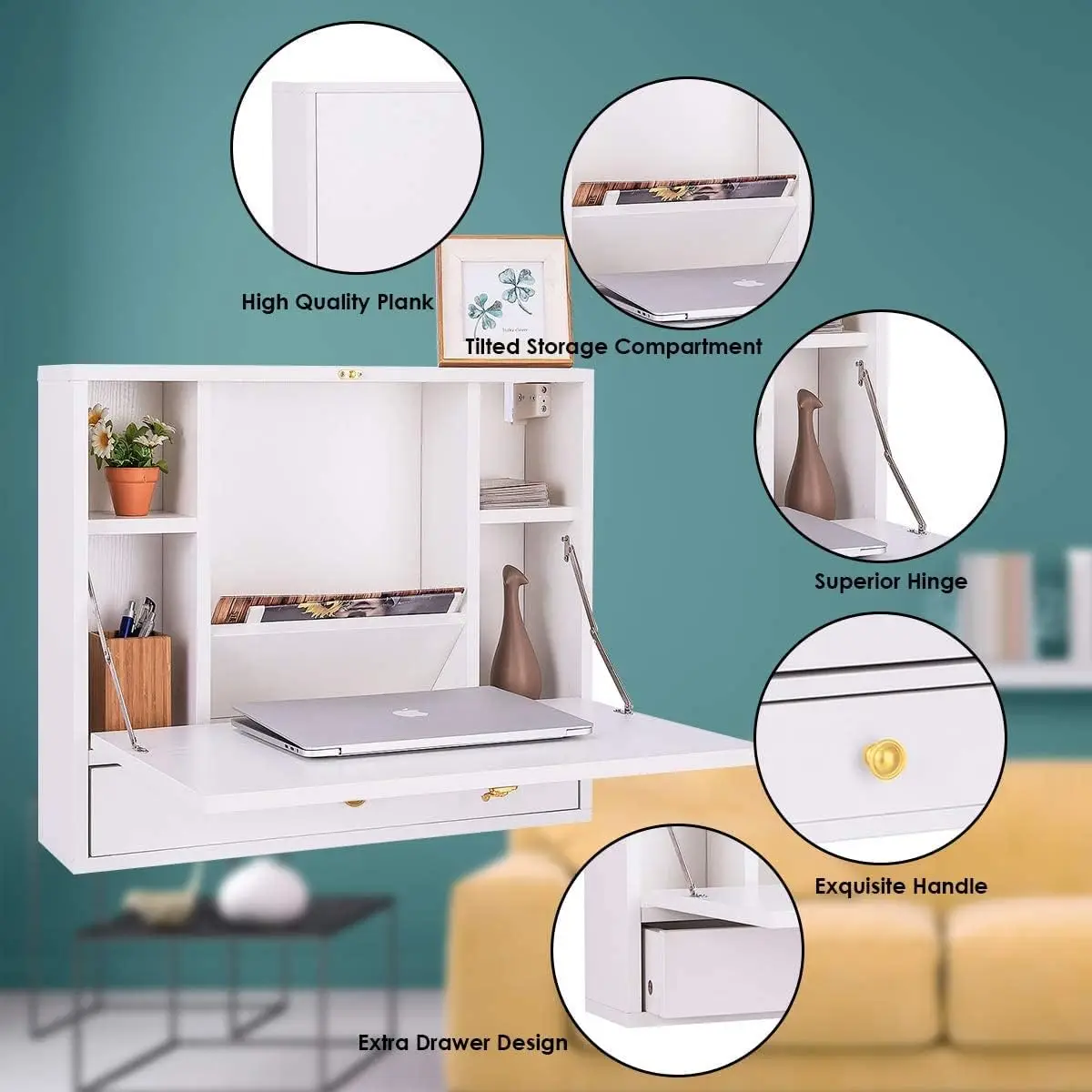 Graffy Wall Mounted Table, Multifunctional Folding Hanging Storage Cabinet, Space Saving Computer Desk W/Storage Drawer And