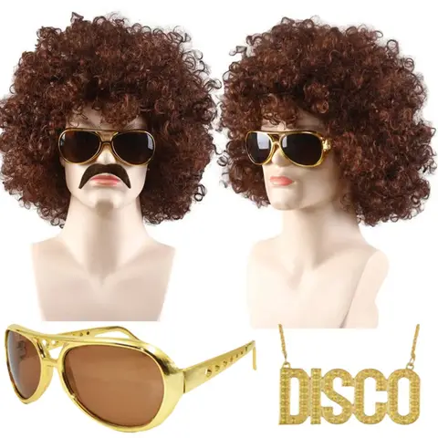 Mannen hippie kostuum set 4 stks/set funky afro pruik zonnebril valse baard brief teken en ketting voor 50/60/70s/80s themafeest