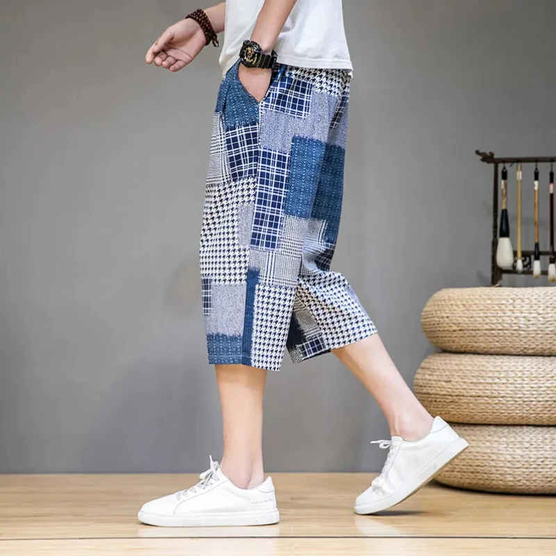 

Men's Summer Ice Silk Shorts Casual Loose 7 Harem Pants Big and Tall Beachwear Plus Size