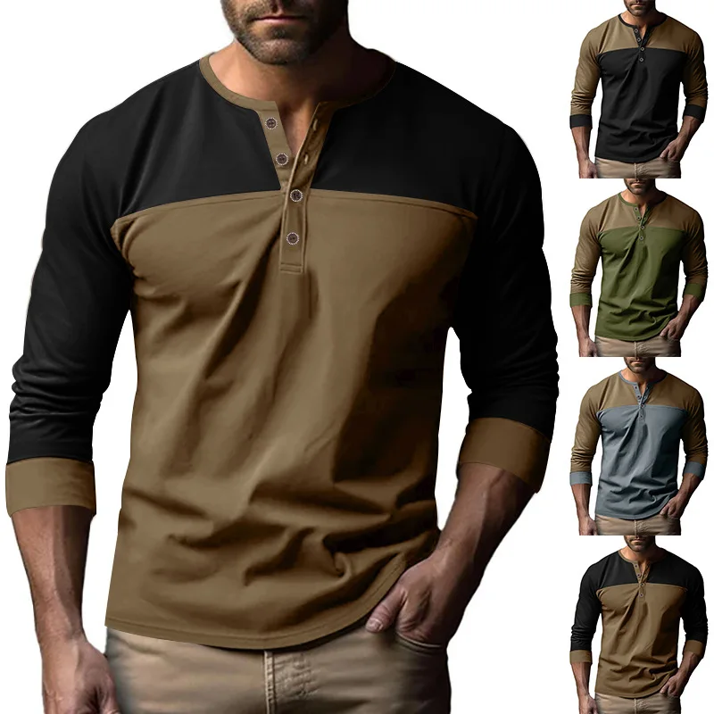 2024 Men's Autumn New Amazon American Retro Color Matching Bottom Shirt Long Sleeve T