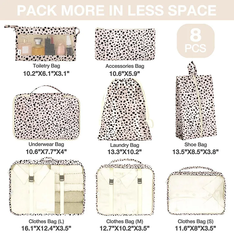 8 Piece Leopard Print Travel Suitcases Bags Solid Color Luggage Wardrobe Storage Underwear Shoes Packaging Cubes