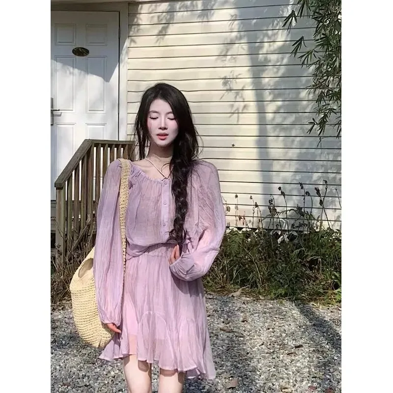 レディース ライトパープル シフォン フリル ドレス 長袖 スモック カジュアル ミニドレス