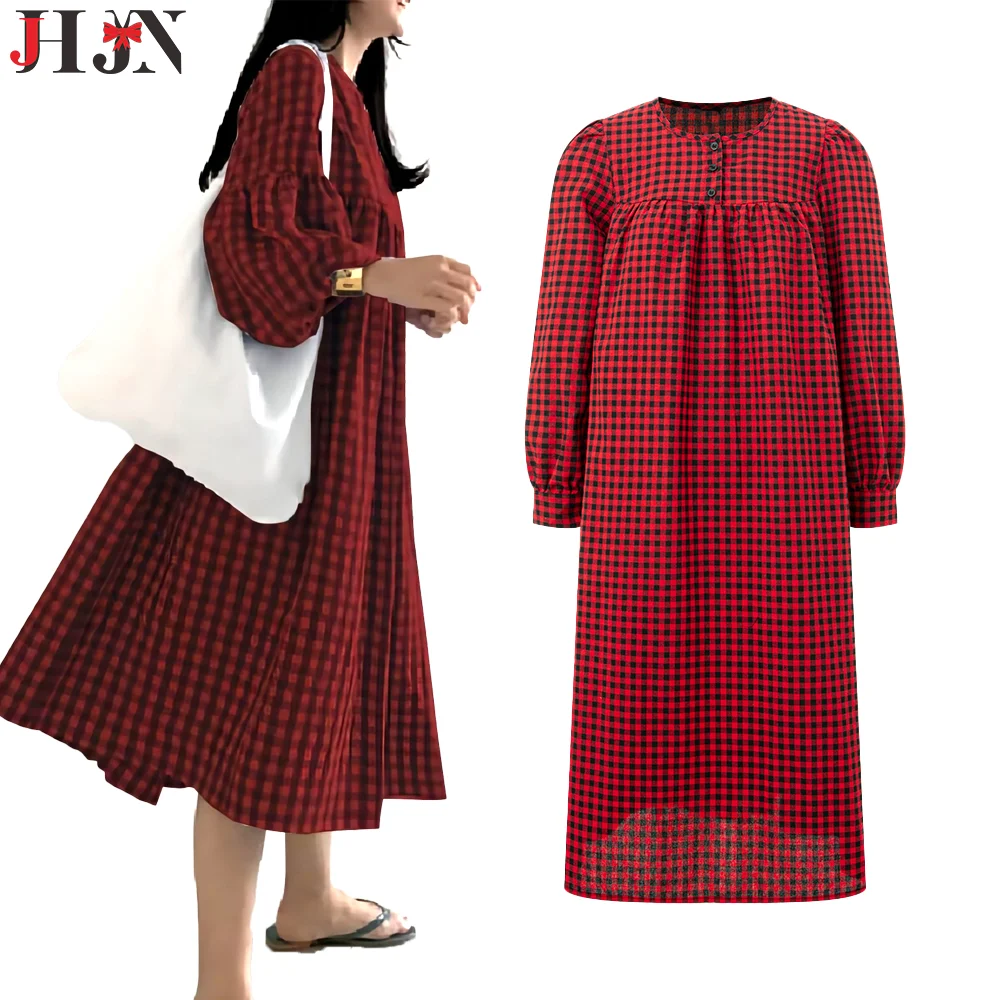 

JHJN Leisure grid Laziness Versatile comfortable puff sleeve Round neck Loose waist Dress goods in stock