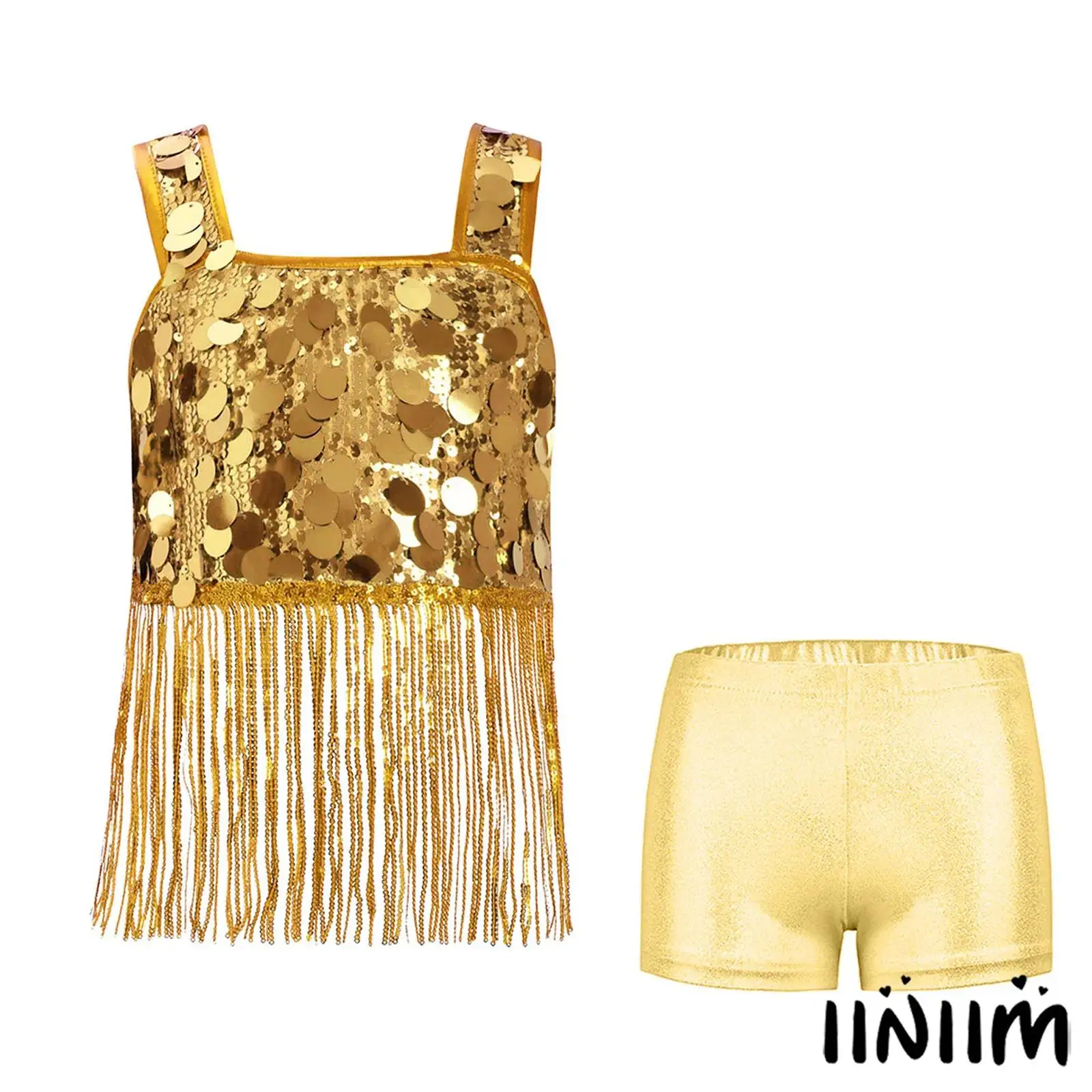 

Kids Girls Jazz Dance Costume Set Sequin Tassels Crop Top Wide Shoulder Straps with Elastic Waistband Shorts Dance Competition
