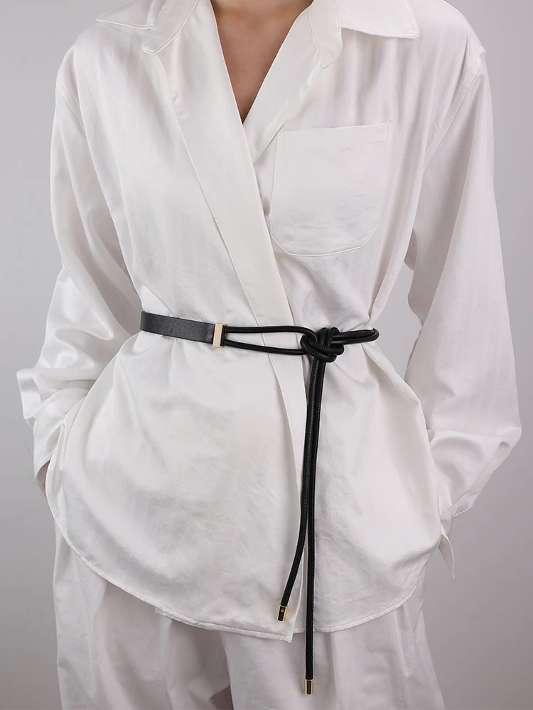 No Buckle Leather Skinny Waist Belt For Women Dresses Girls Fashion Self-Tie Waistband Knotted Decoration Small Belt