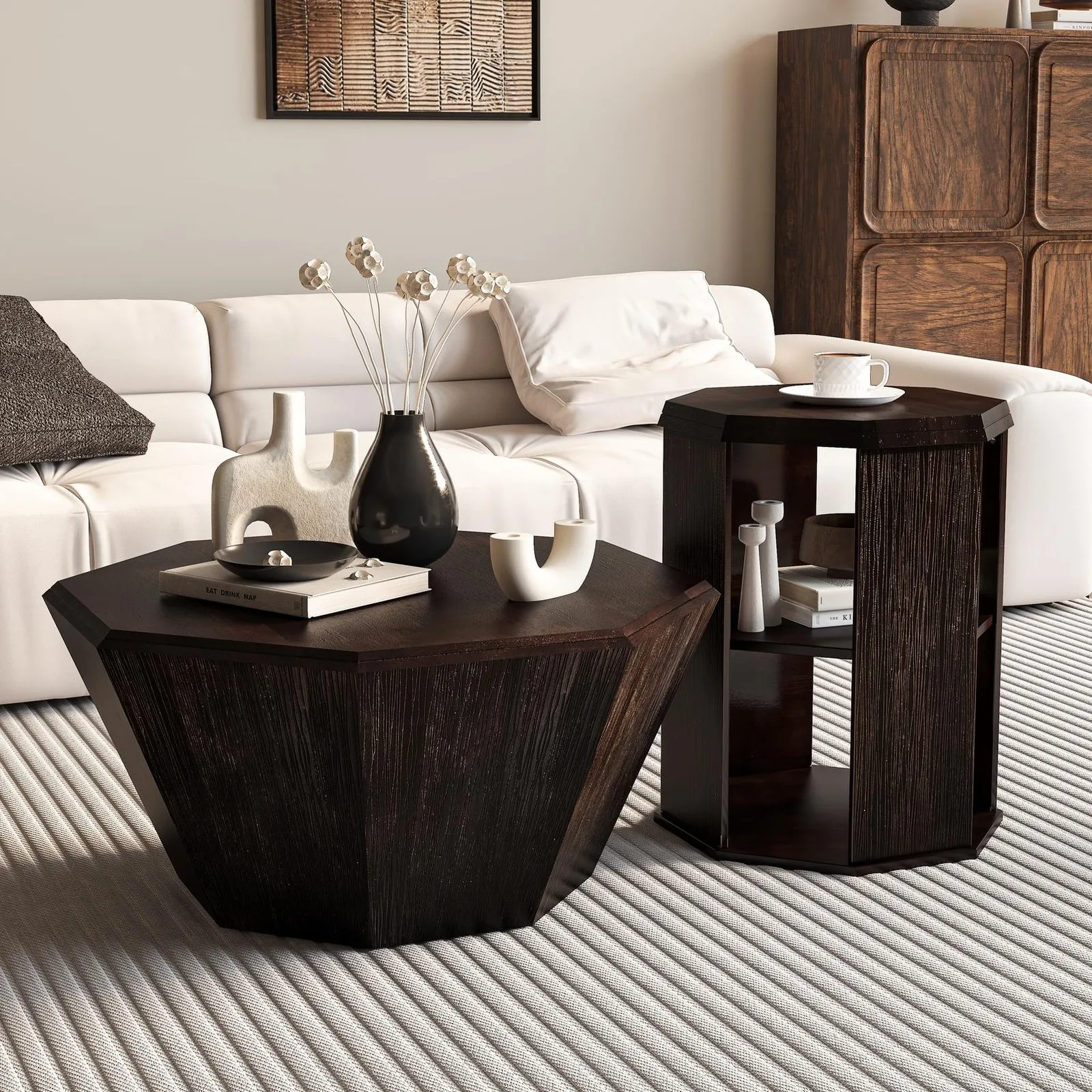 

Octagonal Coffee Table Set, Walnut